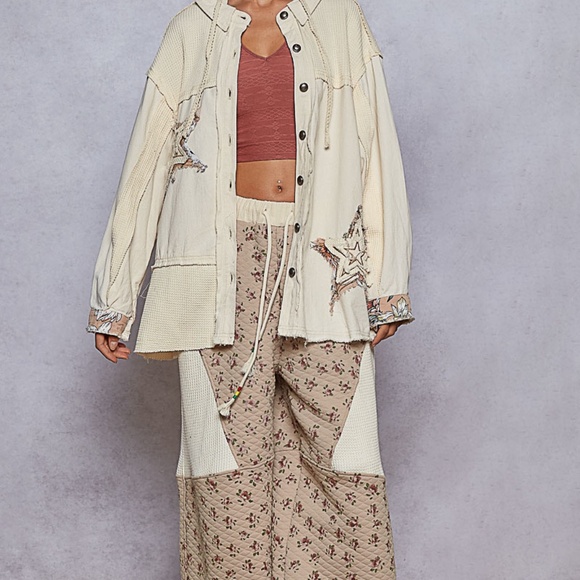 New POL Shacket Shirt Placket Hoodie Button Down Relaxed Fit 100% Cotton Stars ! - Picture 7 of 16